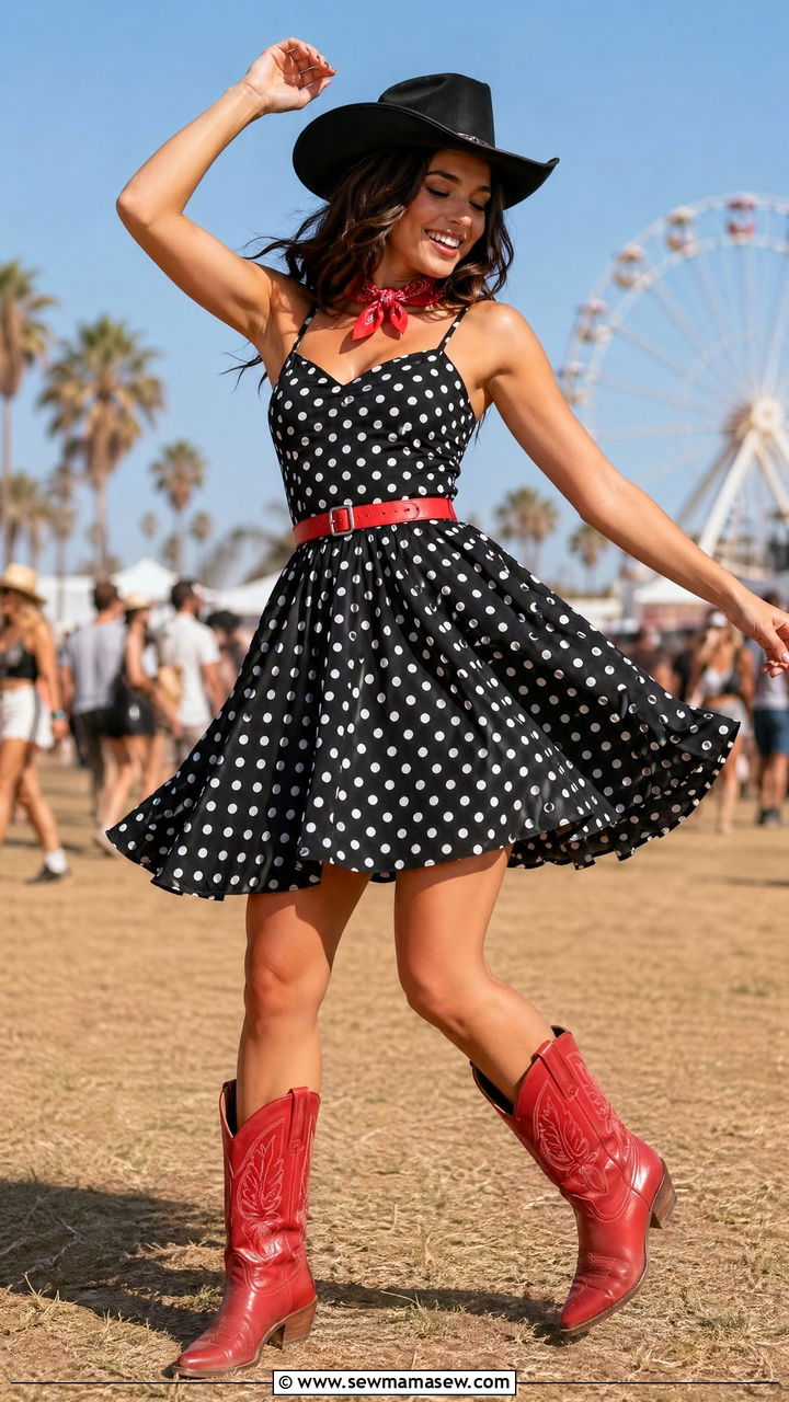 Polka dot swing dress with red cowboy boots - 35 Stagecoach outfit ideas
