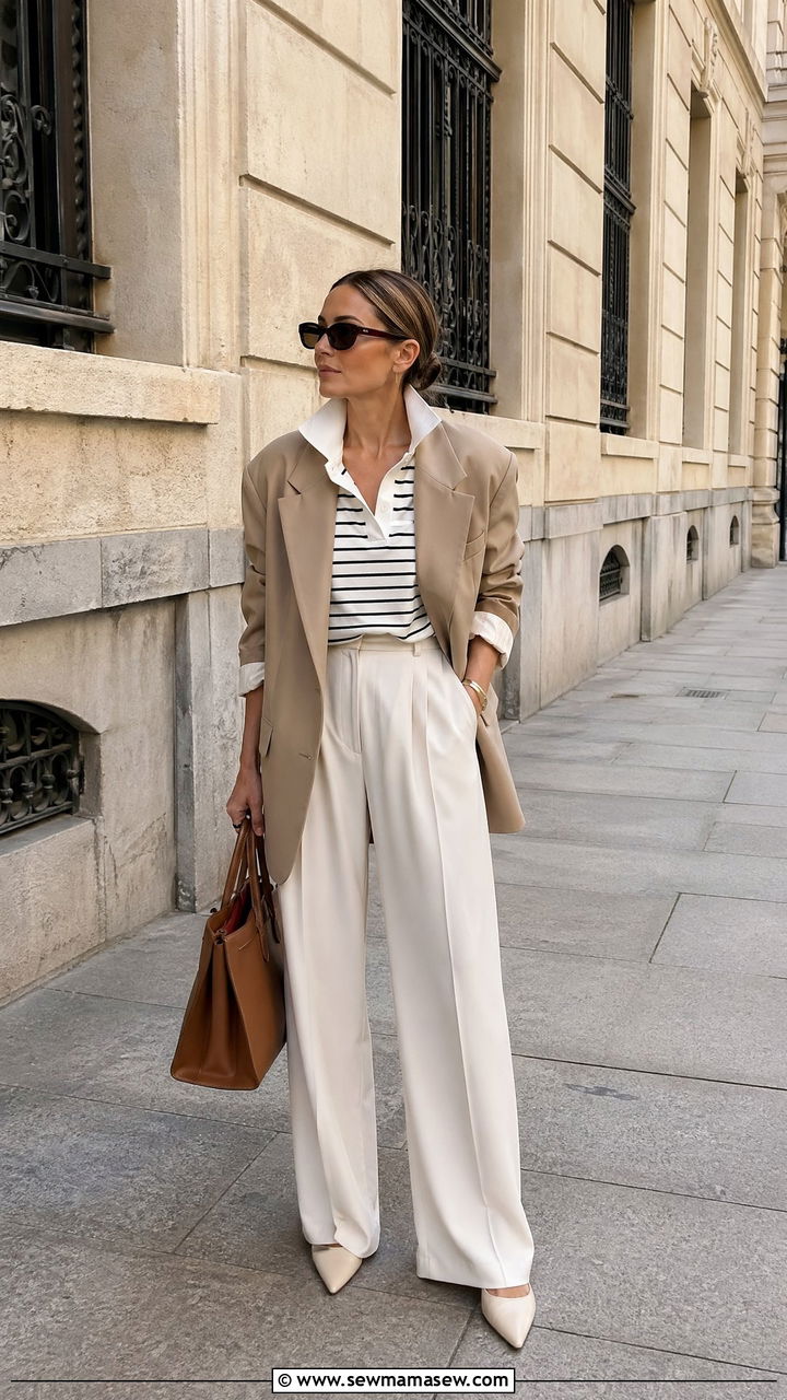 Polo Shirt Layered Over A Coat With Wide Leg Pants - 35 spring street style outfit ideas