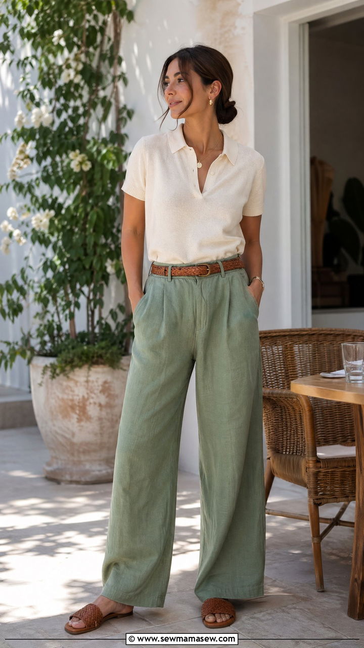 Polo Shirt With Linen Trousers And Slide Sandals - 35 spring classy outfit ideas