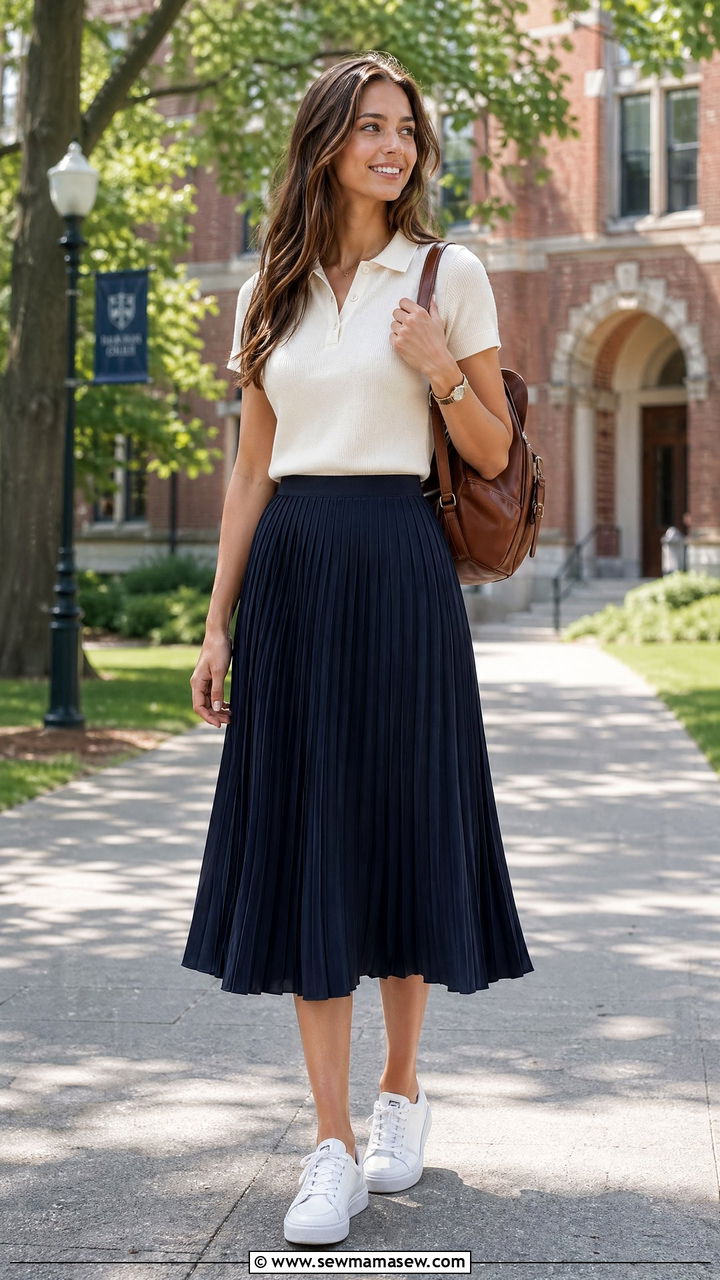 Polo Shirt With Pleated Midi Skirt Outfit - 35 casual outfits for tall women