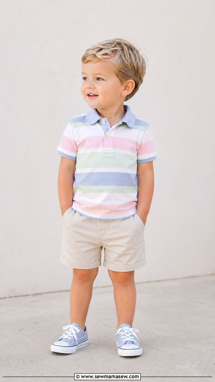 Polo Shirt with Cotton Shorts and Canvas Sneakers - 35 Spring outfits for toddlers