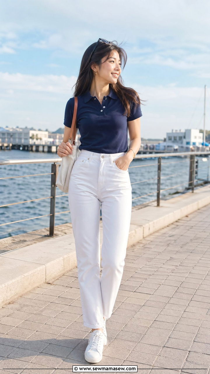 Polo Shirt with High Waisted White Jeans - 35 casual outfits for petite women