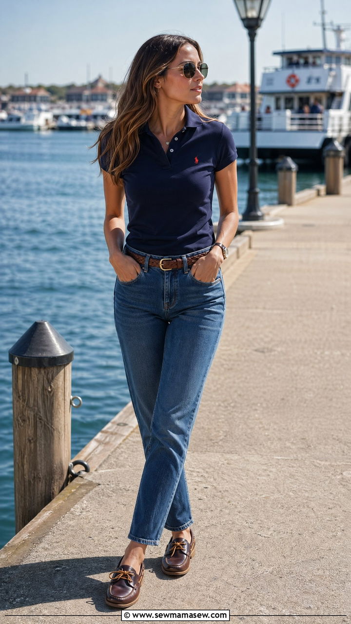Polo Shirt with Straight Leg Jeans and Boat Shoes - 35 casual straight leg jeans outfits