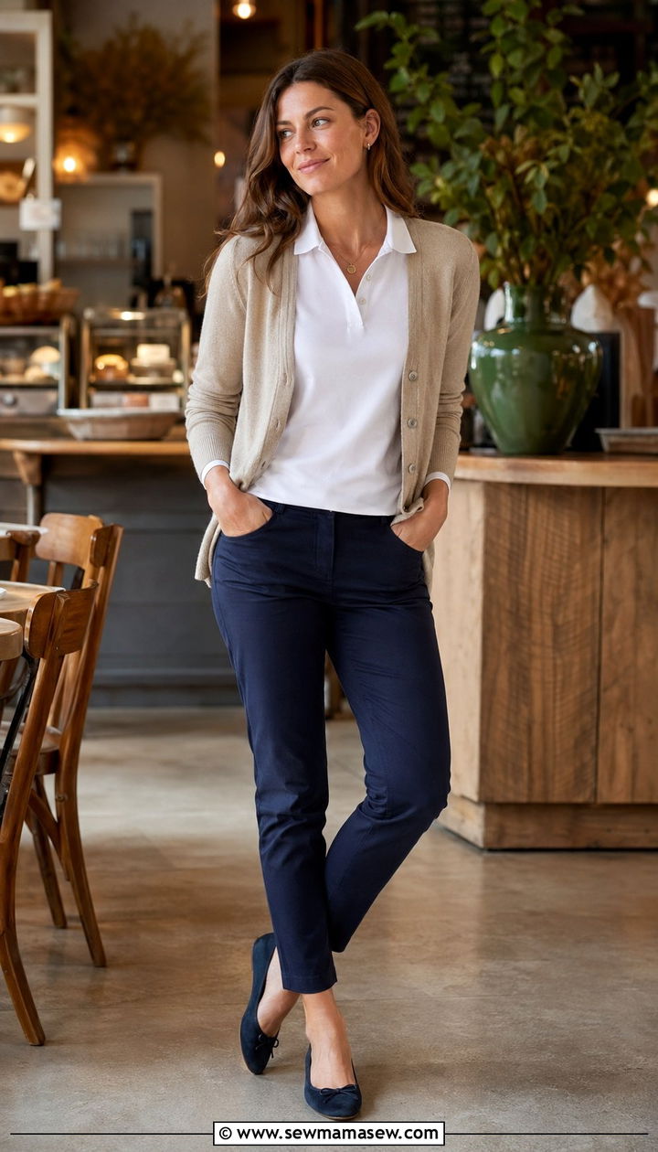 Polo Shirt with a Cardigan - 35 Polo shirt outfit ideas for women