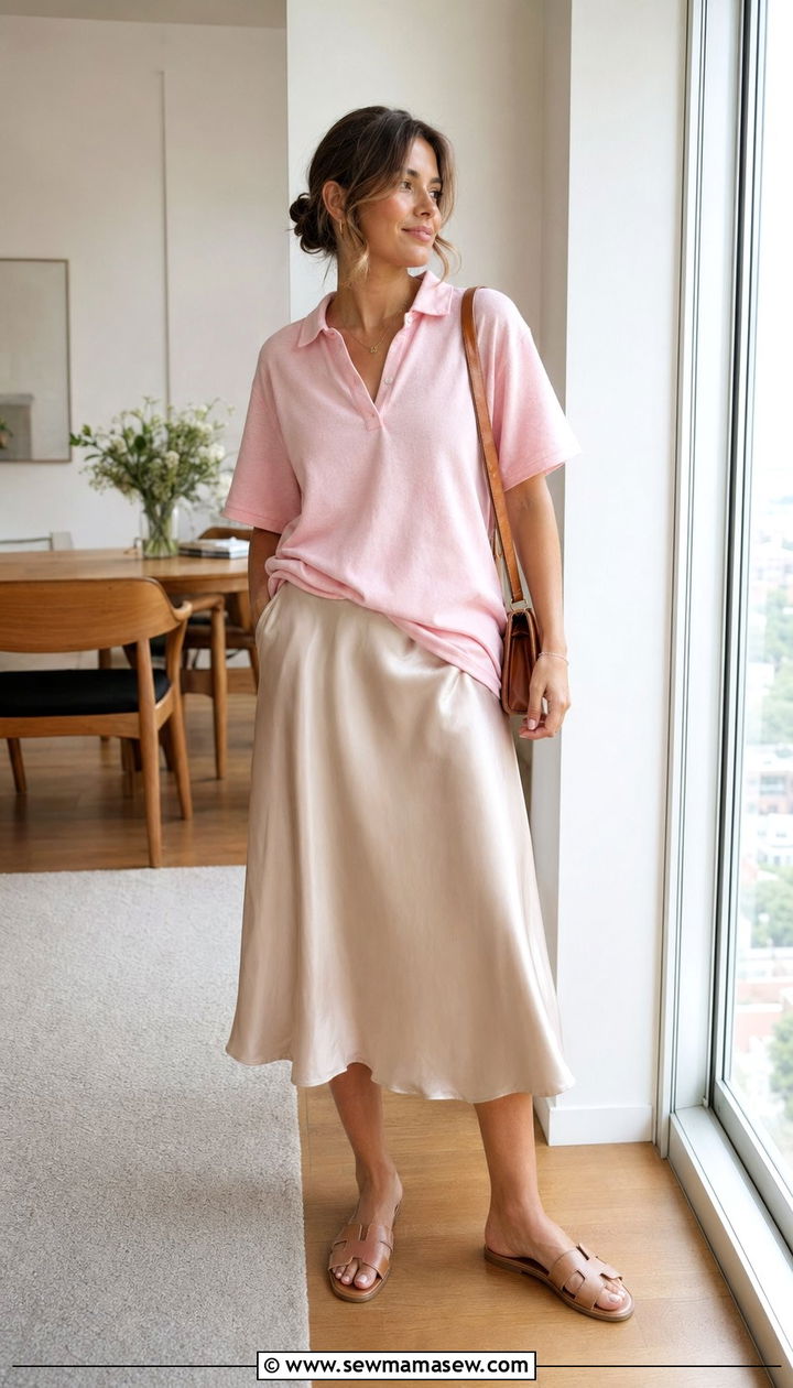 Polo Shirt with a Satin Slip Skirt - 35 Polo shirt outfit ideas for women