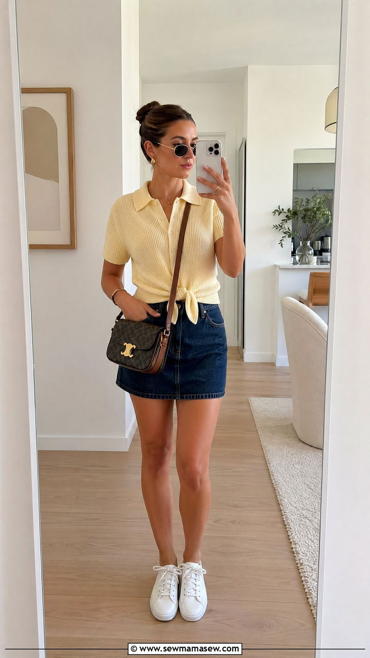 Polo shirt and mini denim skirt outfit - 35 Clean girl summer outfits