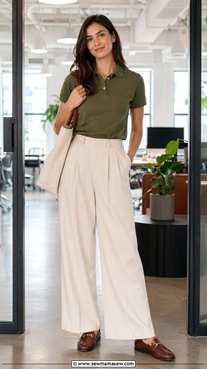 Polo shirt with wide leg pants outfit - 35 Smart casual outfit ideas for women