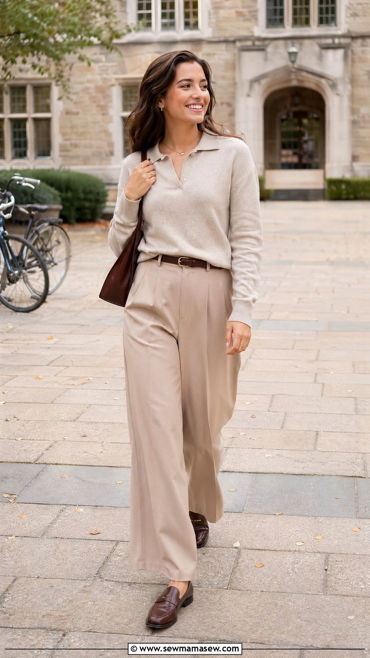 Polo sweater and wide leg trousers teacher outfit - 35 spring outfits for teachers