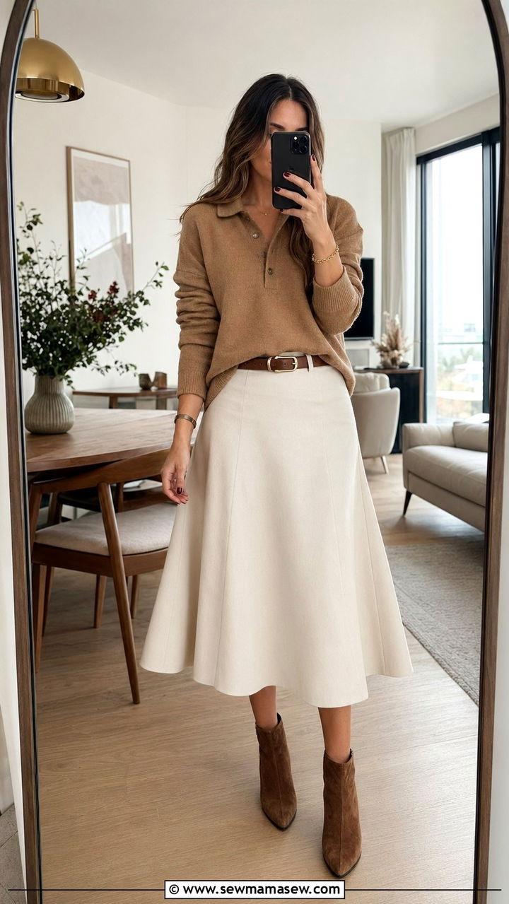 Polo sweater with A line midi skirt - 30 A line skirt outfit ideas