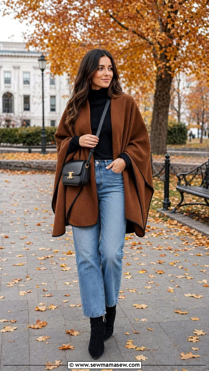 Poncho Coat With Straight Leg Jeans And Ankle Boots - 30 Windy day outfit ideas