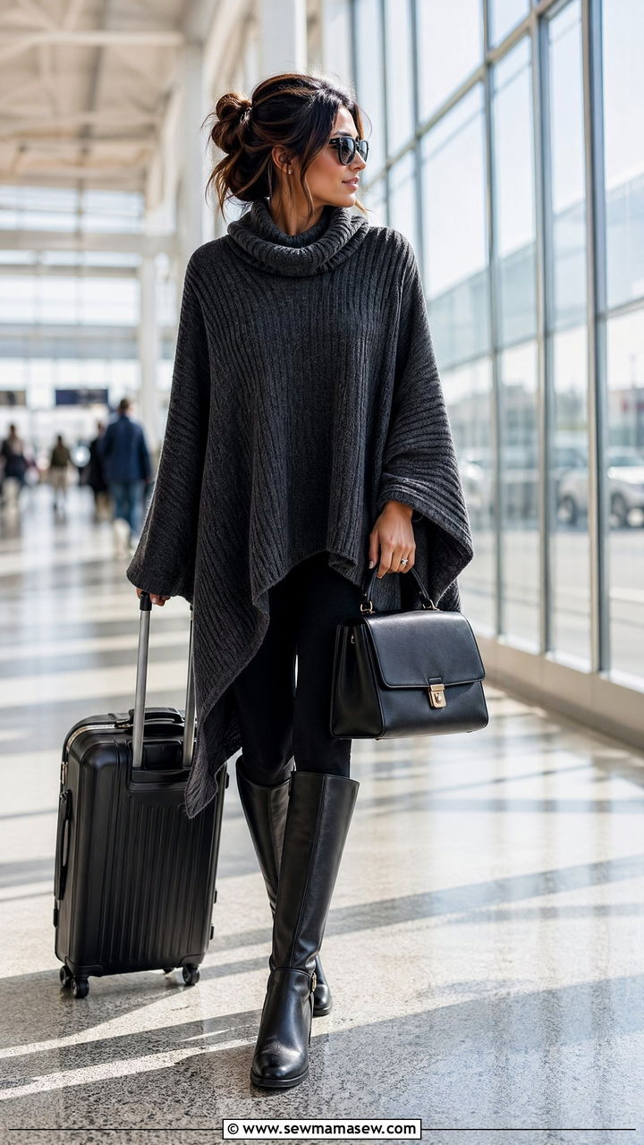 Poncho Or Cape With Leggings And Knee High Boots - 35 classy airport outfits