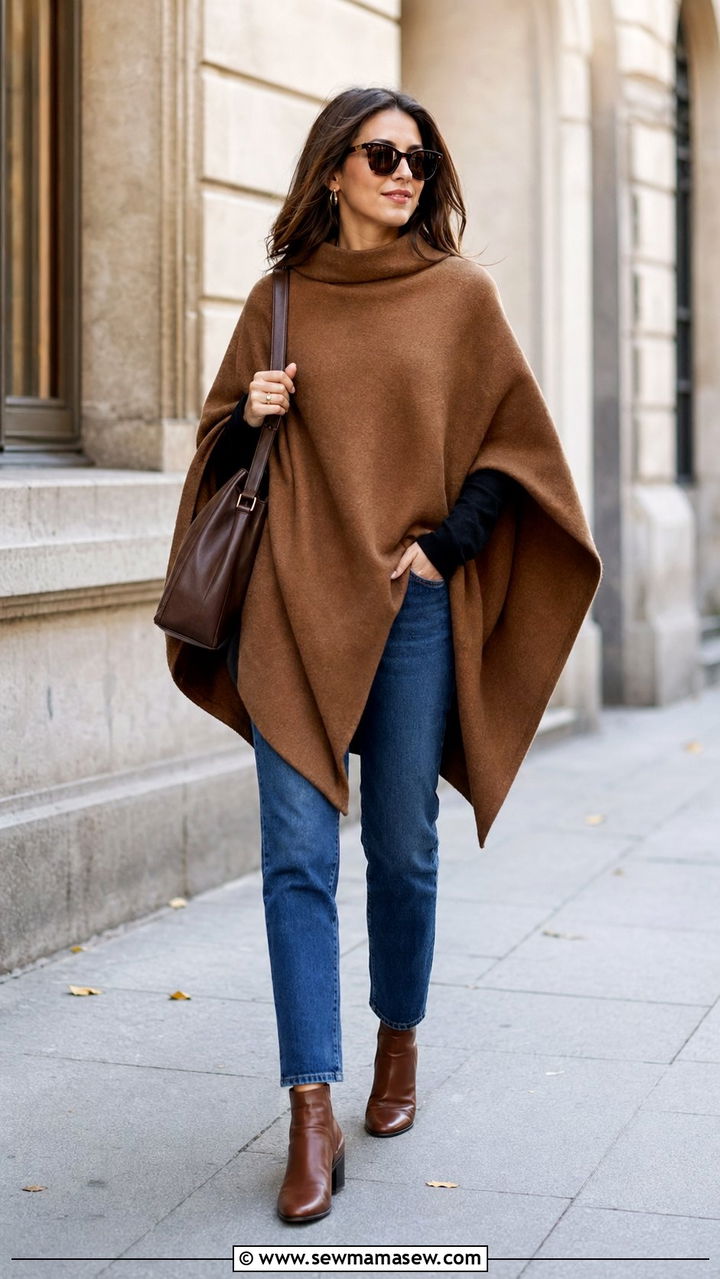 Poncho coat with straight leg jeans and ankle boots - 30 windy day outfits inspo