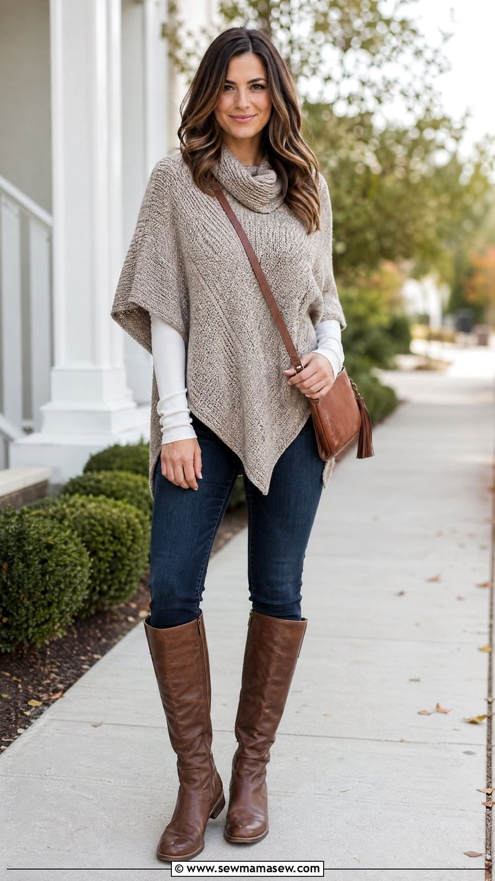 Poncho or Wrap With Skinny Jeans - 35 Spring outfits for busy moms