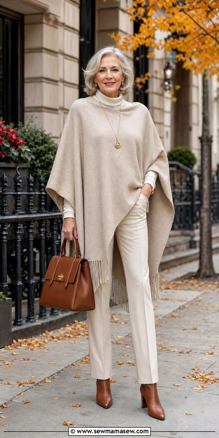 Poncho over column outfit - 35 Outfit ideas for women over 60