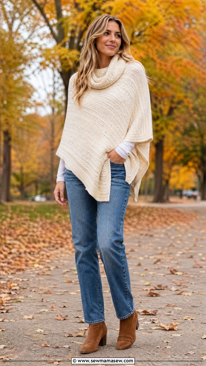 Poncho sweater with jeans and ankle boots - 35 Country outfit ideas