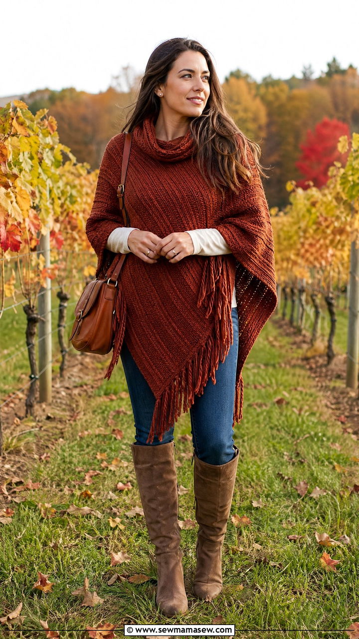 Poncho with Straight Leg Jeans and Knee High Boots - 35 casual straight leg jeans outfits