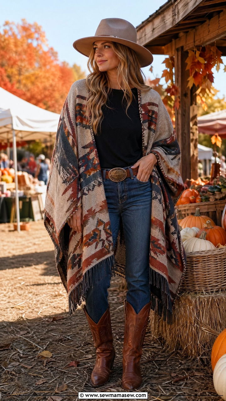 Poncho with Straight Leg Jeans and Tall Boots - 35 Western chic outfit ideas