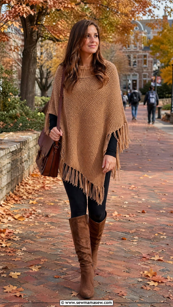 Poncho with leggings and knee high boots - 35 cute college outfits