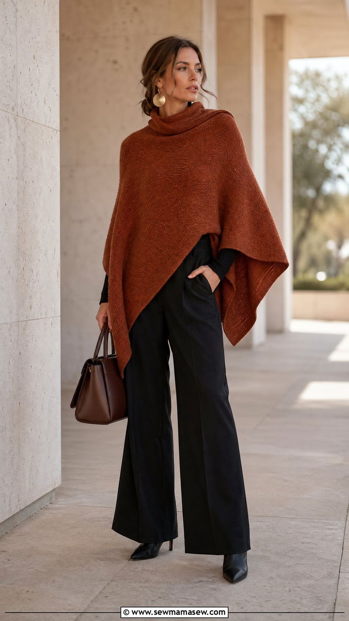 Poncho with tailored trousers - 35 transitional boho outfit ideas