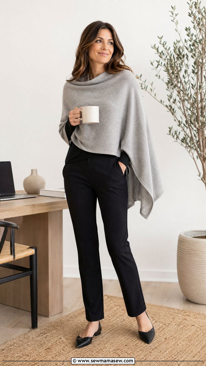 Poncho wrap and ponte pants outfit - 35 Work from home outfits for moms