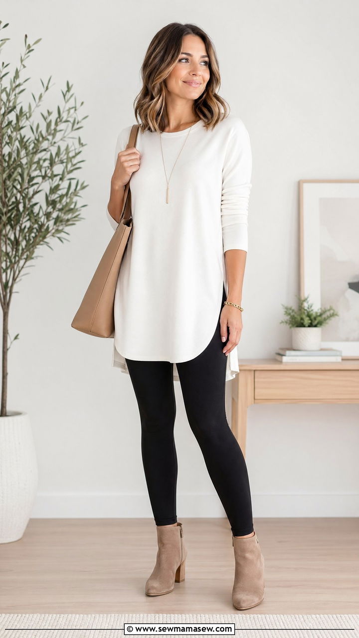 Ponte Leggings With A Longline Tunic And Ankle Boots - 35 work outfits for moms