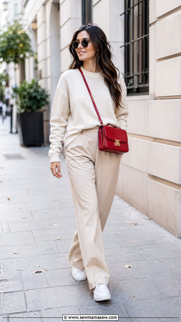 Pop Of Red Bag With Neutral Beige Outfit And White Sneakers Outfit - 35 classy casual outfits