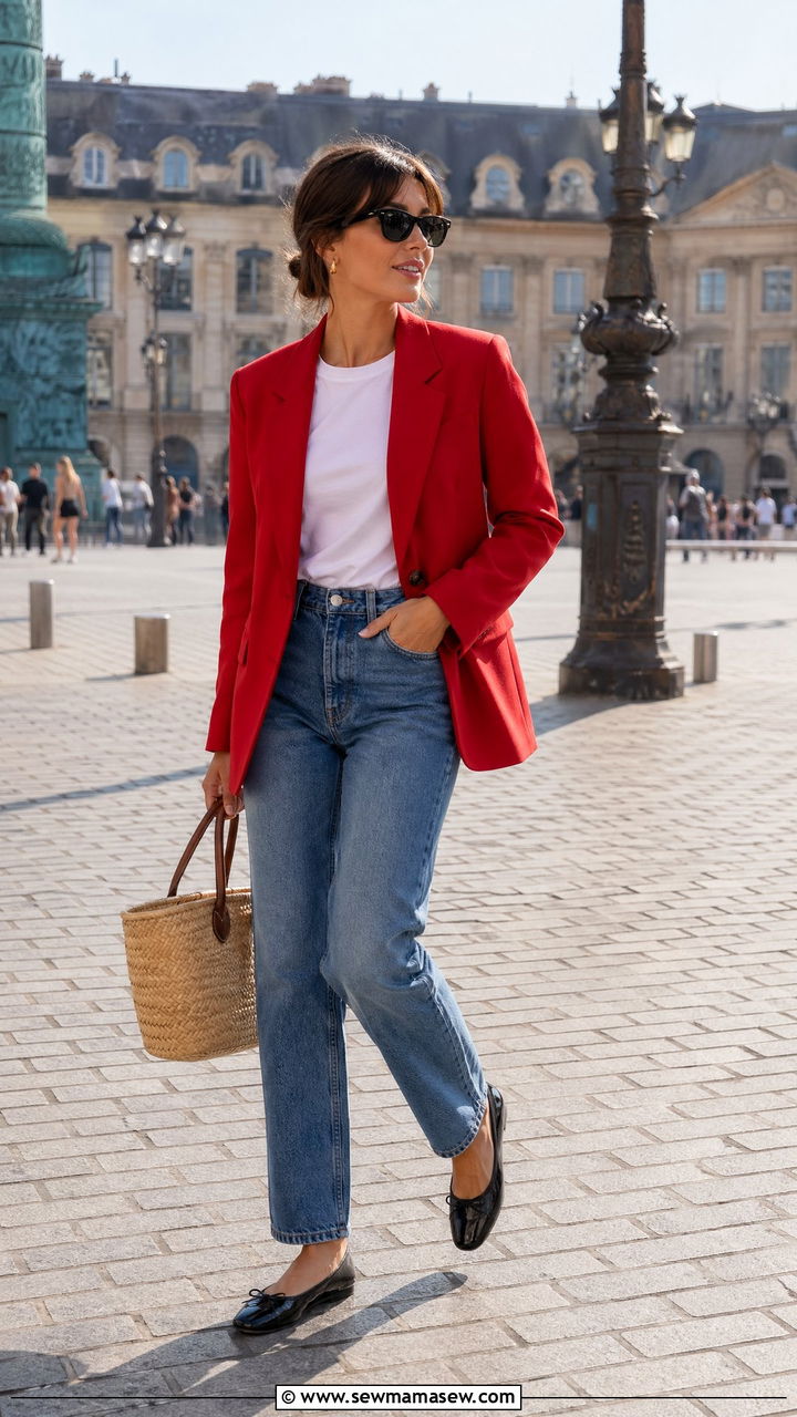 Pop Of Red Blazer With White Tee And Classic Blue Jeans - 35 spring parisian outfits