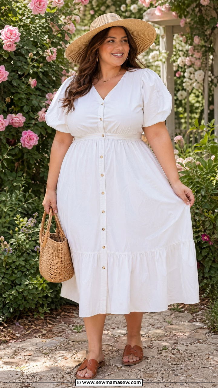 Poplin Dress With Straw Hat And Sandals Outfit - 35 Spring capsule wardrobe plus size