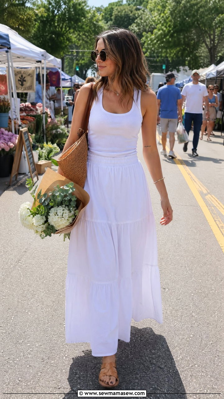 Poplin Maxi Skirt and Fitted Ribbed Tank - 35 spring all white outfit ideas