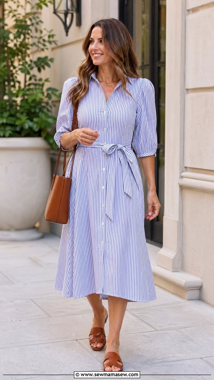 Poplin Midi Dress With Leather Sandals - 35 Summer outfits for stay at home moms