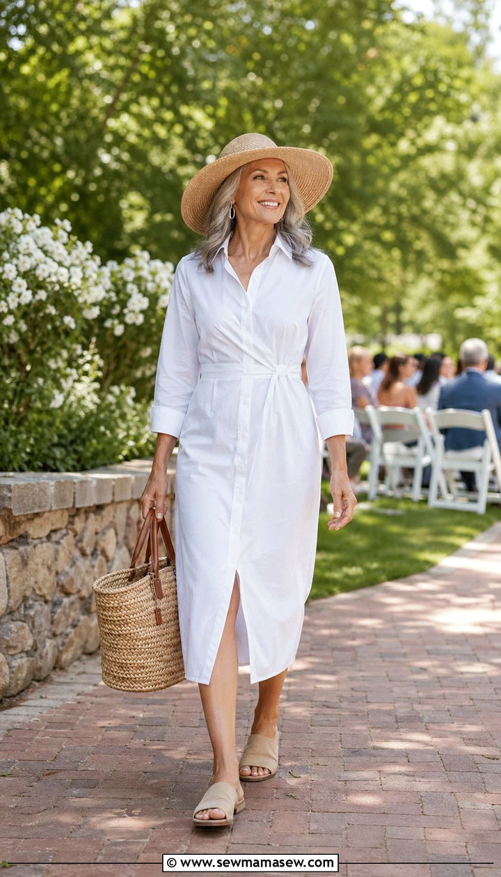 Poplin Shirt Dress With Slide Sandals - 35 Graduation outfits for women over 50