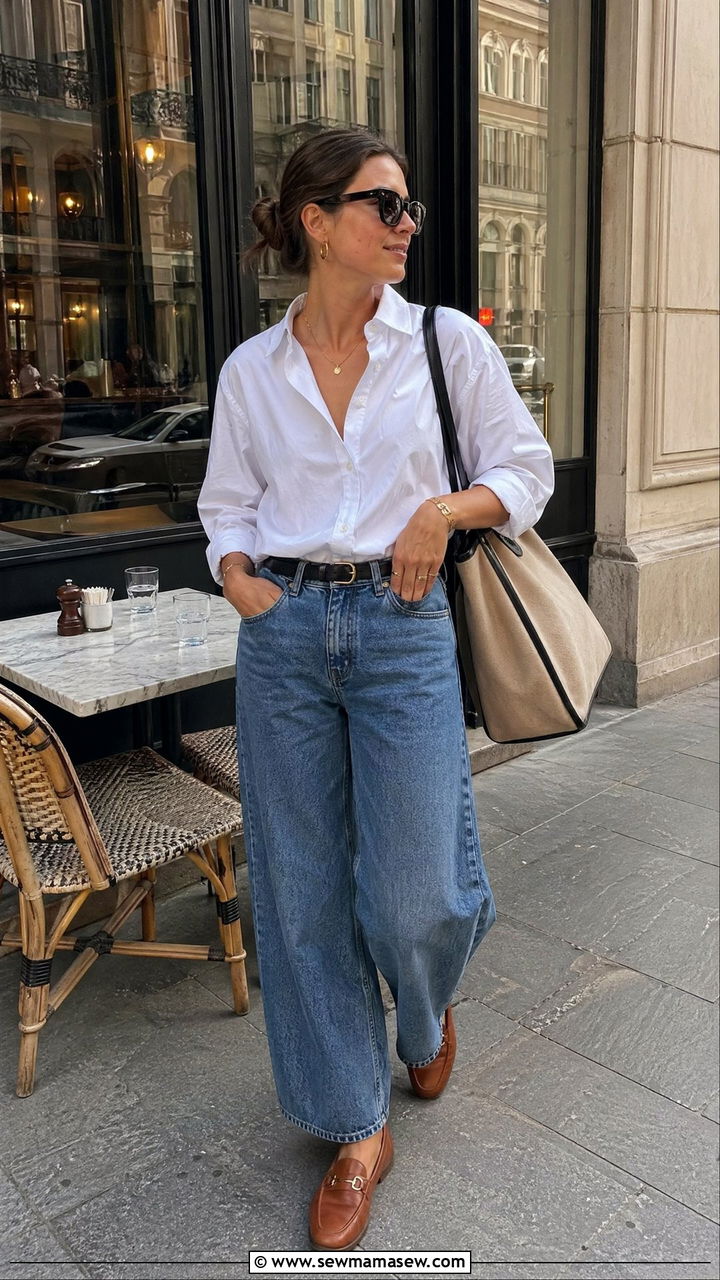 Poplin Shirt With Barrel Leg Jeans And Loafers - 35 Cold summer outfits