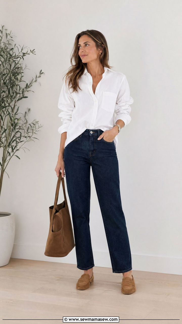 Poplin Shirt with Dark Wash Jeans - 35 Chic mom outfit ideas
