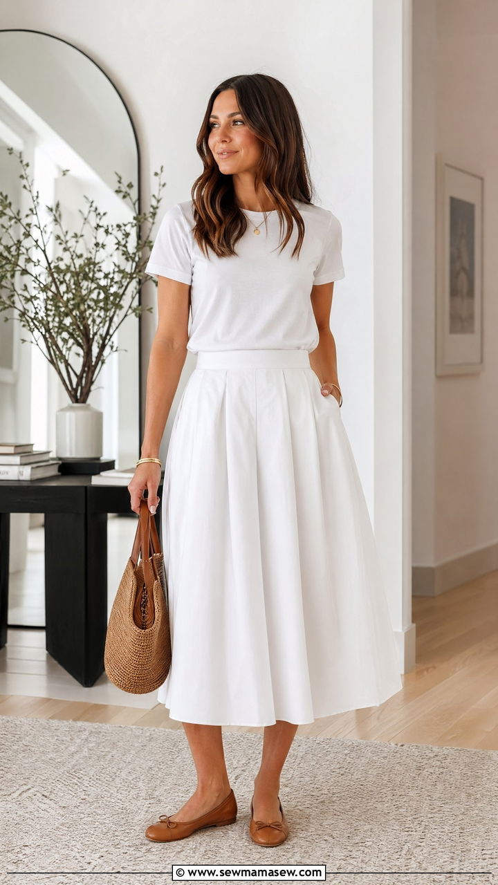 Poplin midi skirt with white tee outfit - 35 summer easy outfit ideas