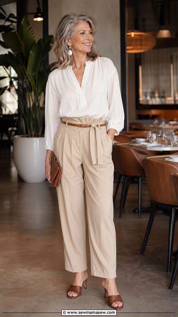 Popover Blouse with Paperbag Waist Trousers and Heeled Mules - 35 Spring capsule wardrobe for women over 50