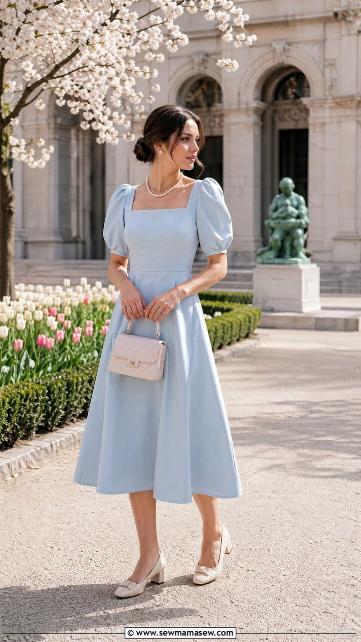 Powder Blue A Line Dress with Pearl Necklace - 35 spring old money outfit ideas