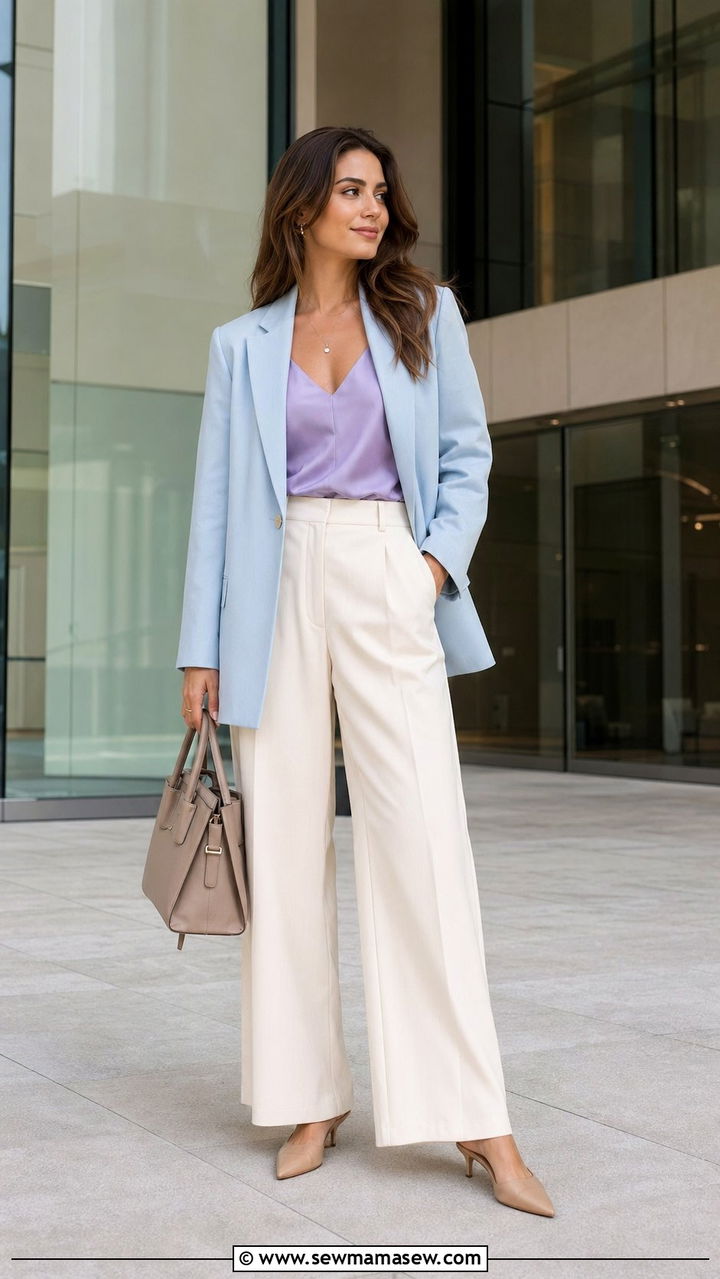 Powder Blue Blazer With Wide Leg Trousers Spring Outfit - 35 Pastel spring outfits
