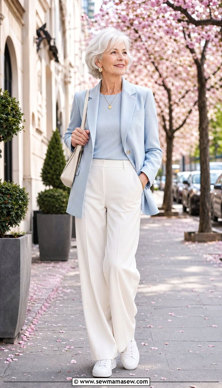 Powder Blue Blazer with Knit Top and Flowing Cream Trousers - 35 Outfit ideas for women over 70 2026