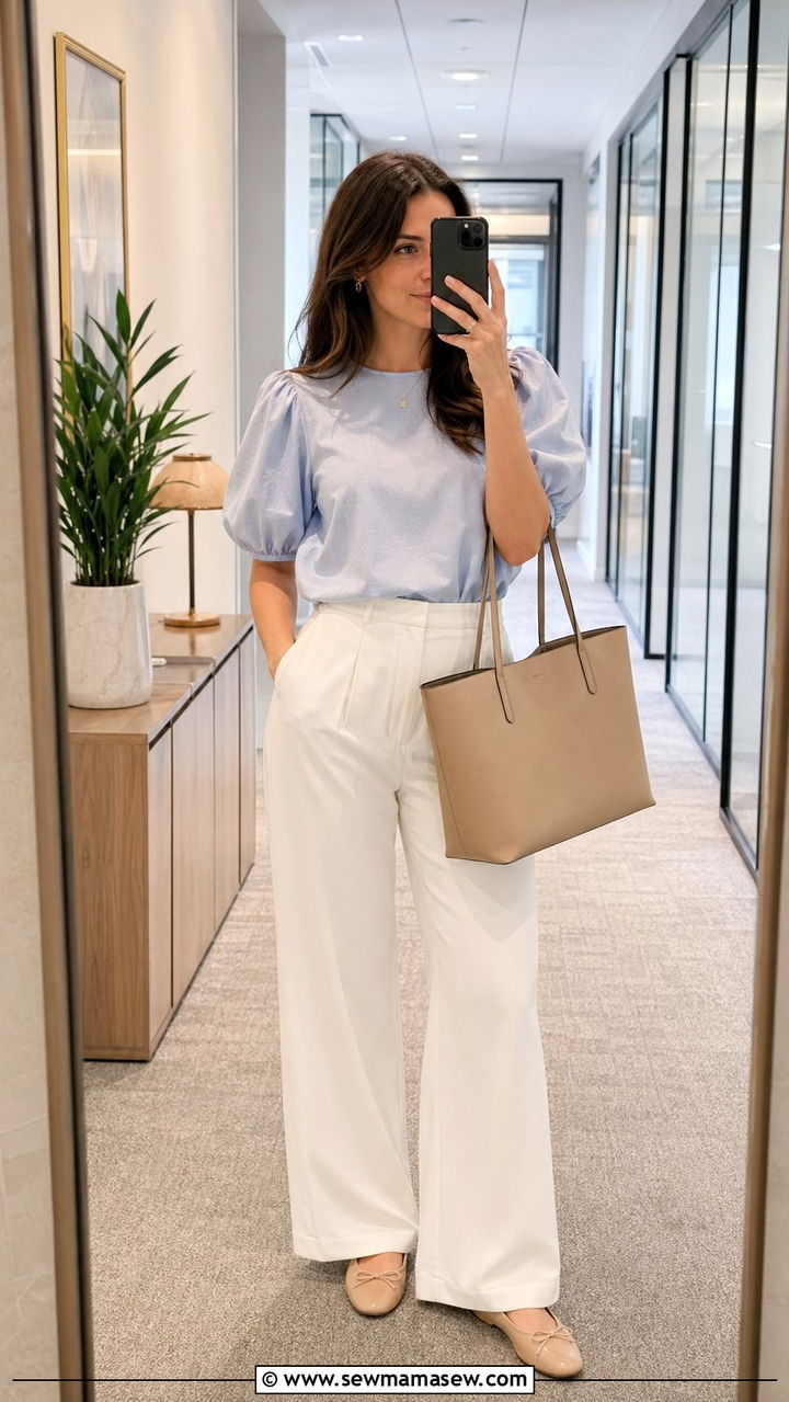 Powder Blue Blouse With White Trousers - 35 Powder blue outfit ideas