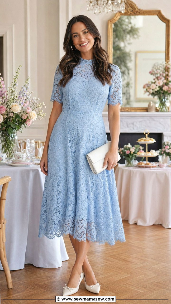 Powder Blue Lace Dress with White Pointed Toe Flats - 30 Baby shower outfits for guests