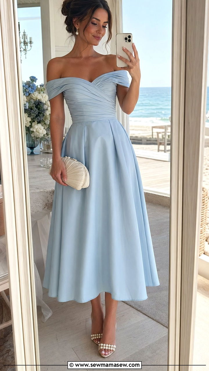 Powder Blue Off Shoulder Midi Dress - 30 Wedding guest outfits spring 2026