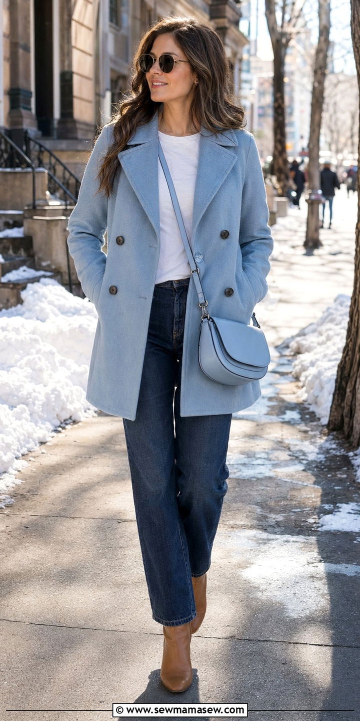 Powder Blue Peacoat With Jeans - 35 Powder blue outfit ideas