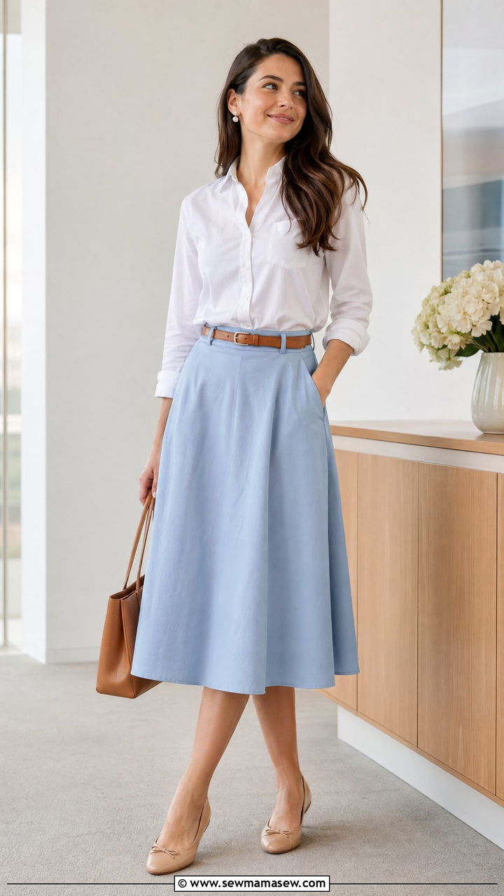 Powder Blue Skirt and White Top Outfit - 35 Spring outfits in pastel