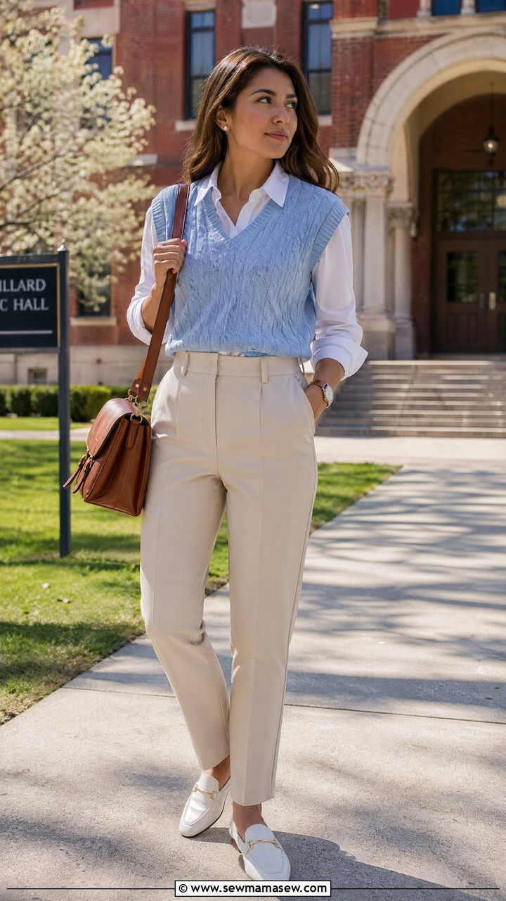 Powder Blue Sweater Vest with White Collared Shirt and Beige Trousers - 35 Soft girl outfit ideas
