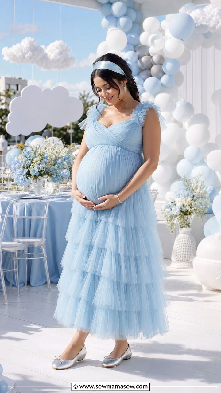 Powder Blue Tiered Tulle Maxi Dress with Silver Ballet Flats - 30 Baby shower outfits for mom to be