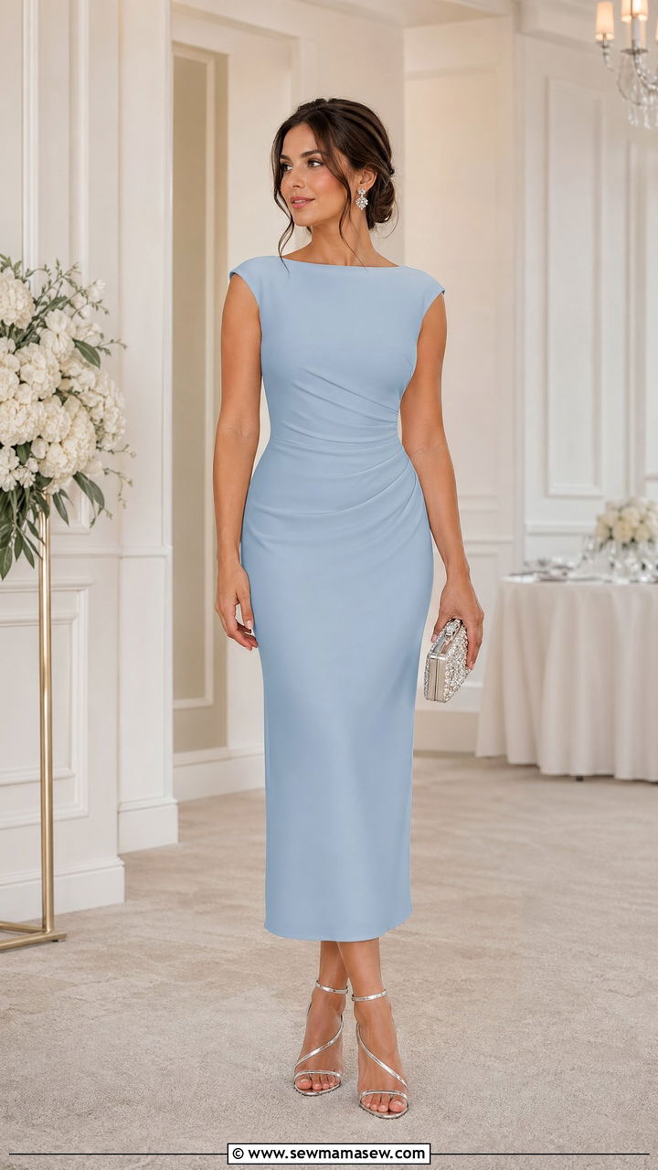 Powder blue column dress with silver strappy heels - 35 Country club wedding guest outfit ideas