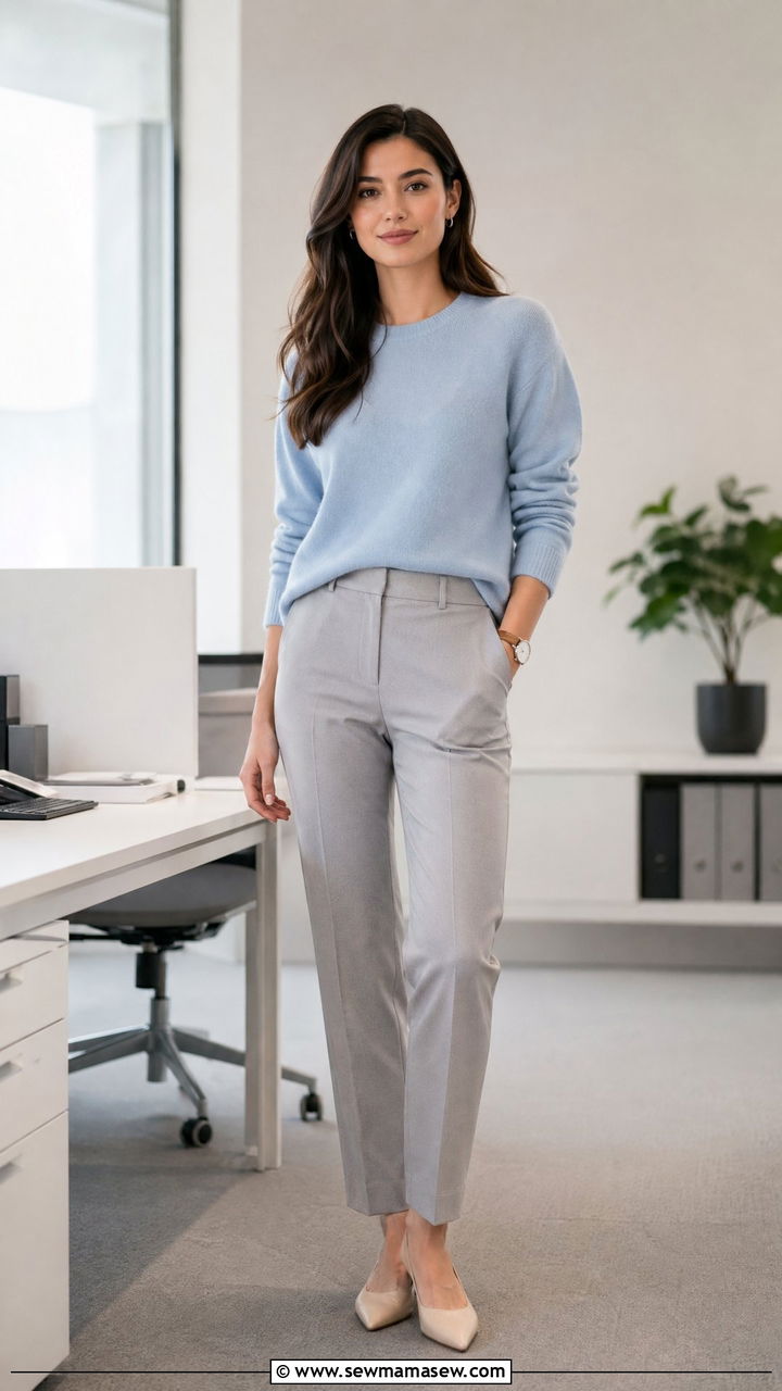 Powder blue sweater and tailored trousers outfit - 35 Spring pastel outfit ideas