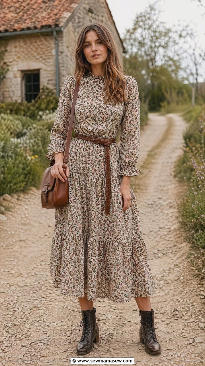 Prairie Dress With Lace Up Boots - 35 summer cottagecore outfit ideas
