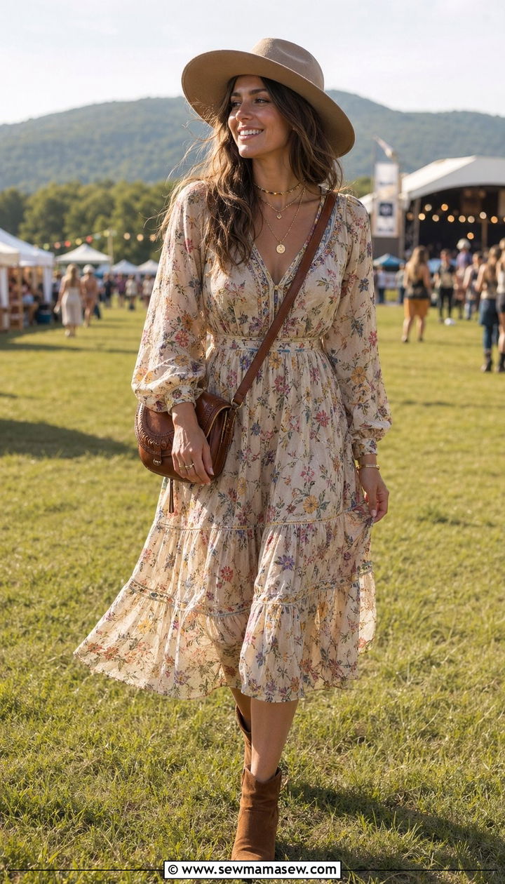 Prairie Dress with Suede Ankle Boots and a Wide Brim Hat - 30 What to wear to a summer festival