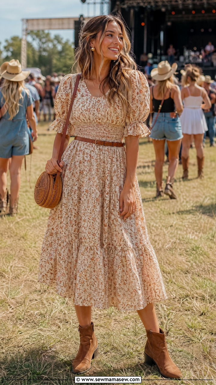 Prairie Floral Midi Dress With Ankle Boots Outfit - 35 Country music concert outfit ideas